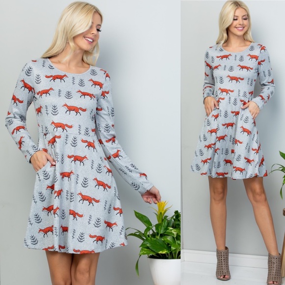 🦊Fox Prints Long Sleeves Tunic Sweater Dress - Picture 2 of 3